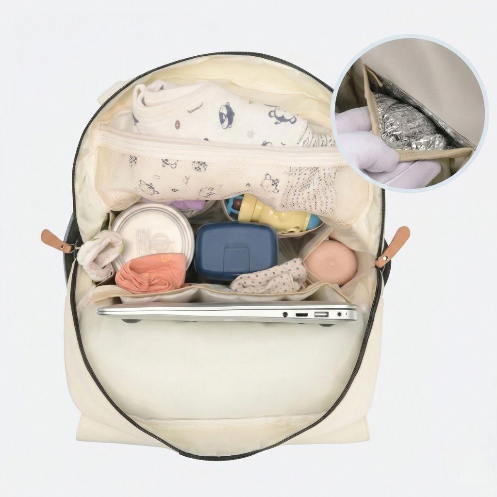 Vue de dessus du compartiment principal d'un sac à langer beige avec vêtements bébé, biberon et ordinateur portable Image
