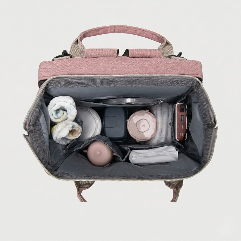 Vue de dessus du compartiment principal d'un sac à langer rose et gris avec couches, repas et accessoires bébé Image