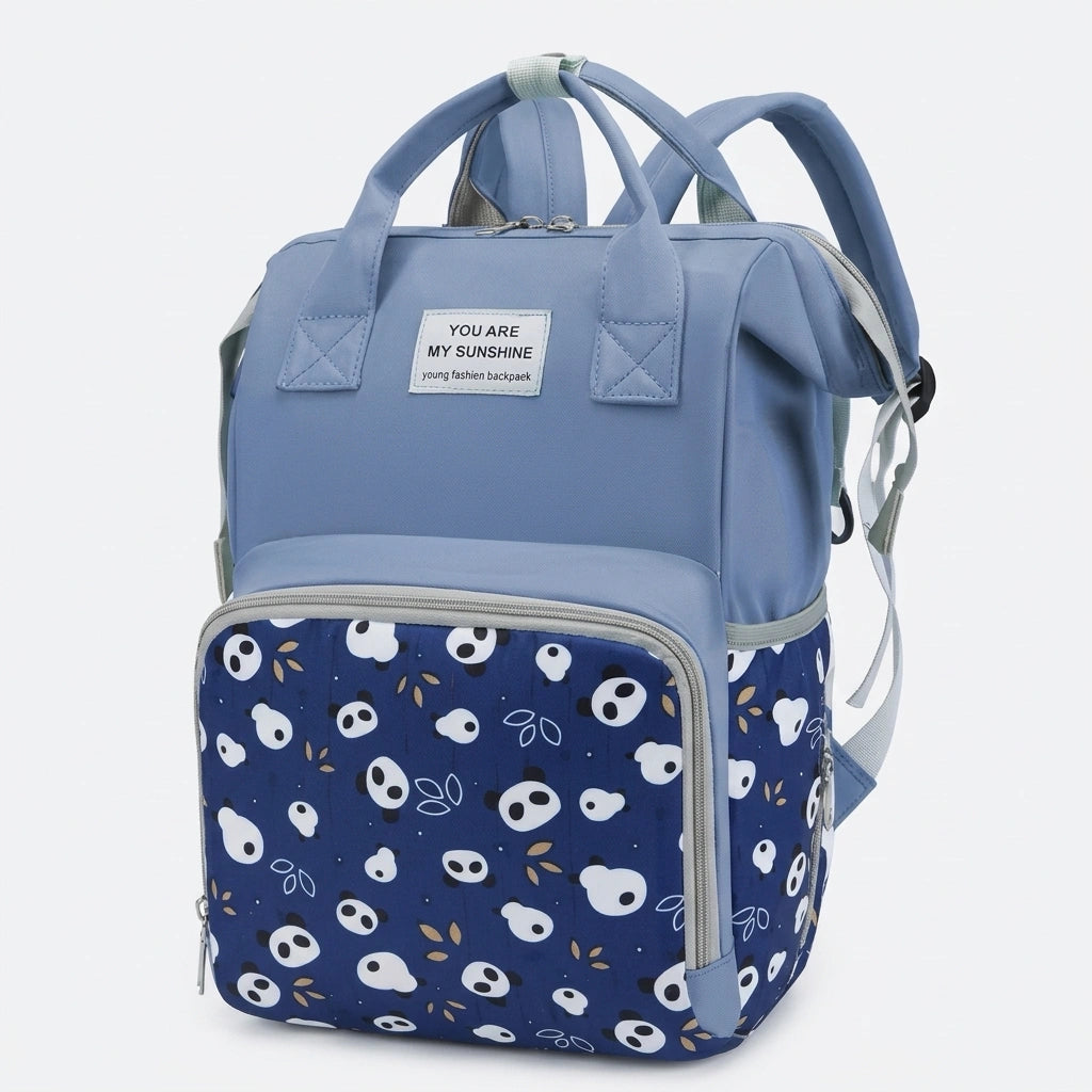 Sac à dos à langer bleu marine motif pandas, vue trois-quarts, poche frontale isotherme et grandes anses
