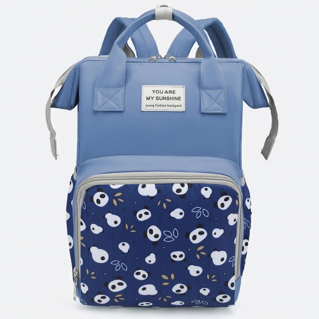Sac à dos à langer bleu marine imprimé pandas, vue de face, compartiment principal et poche isotherme