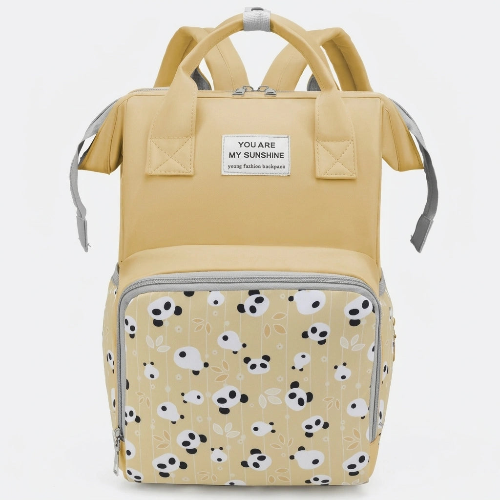Sac à dos à langer jaune pâle imprimé pandas, vue de face, anses rigides et poche frontale isotherme