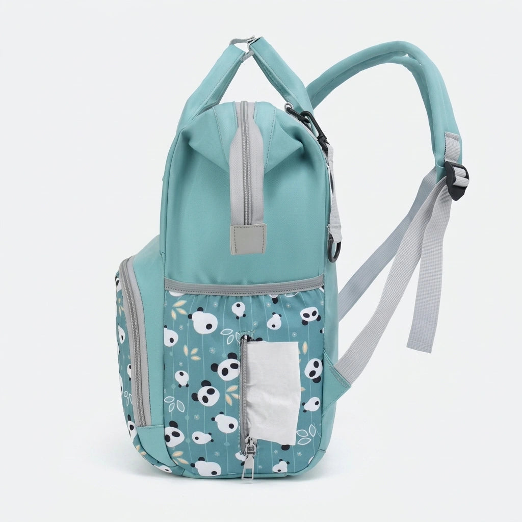 Sac à dos à langer bleu-vert avec motifs pandas et bretelles ergonomiques réglables, vue de côté Image