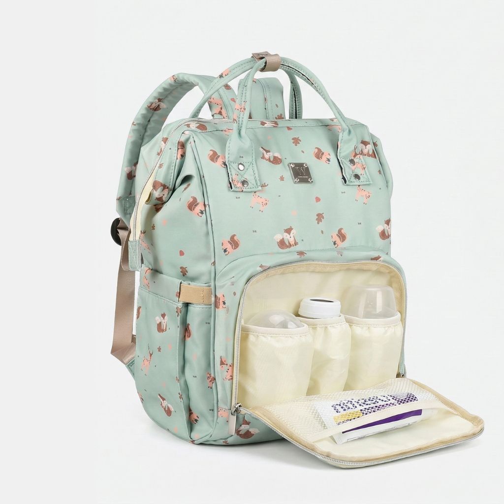 Sac à langer vert sauge 3/4, poche frontale ouverte révélant les compartiments pour biberons et accessoires bébé