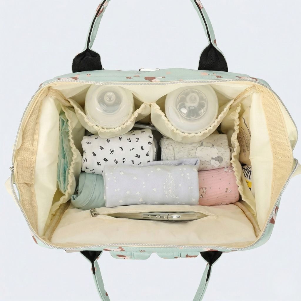 Vue du dessus du compartiment rempli : biberons, vêtements bébé pliés et lingettes dans la doublure crème