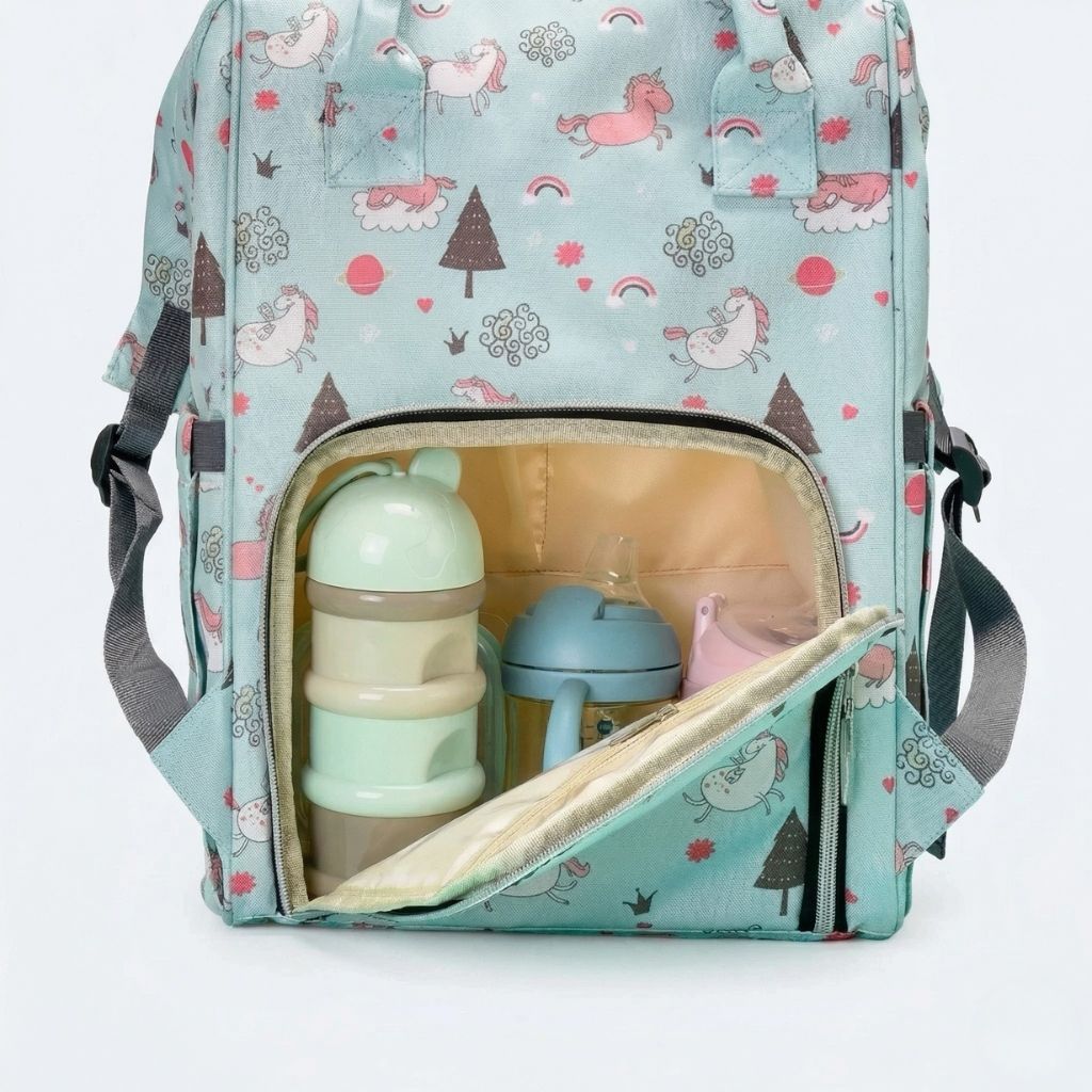 Poche frontale isotherme du sac à dos à langer ouverte avec tasses et biberons, coloris vert menthe