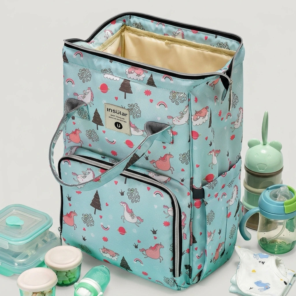 Sac à dos à langer vert menthe licornes posé ouvert entouré de biberons et accessoires bébé