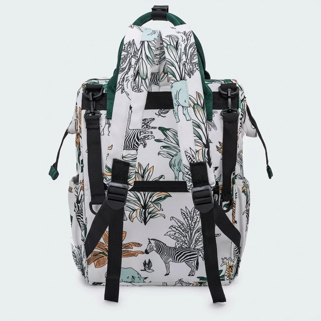 Dos du sac à dos à langer blanc safari avec bretelles noires et attaches poussette robustes à clips