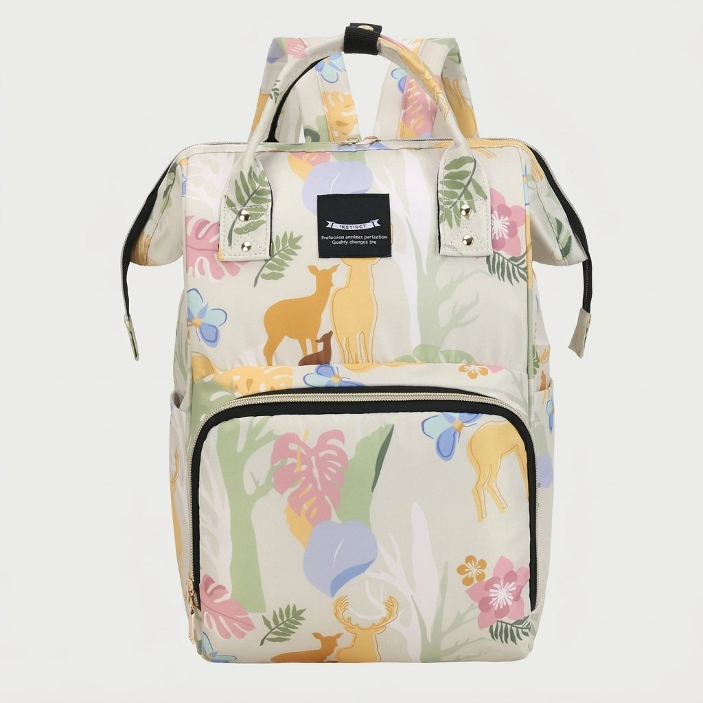 Sac à dos à langer beige crème motif biche et fleurs aquarelle, vue de face, grandes anses dorées