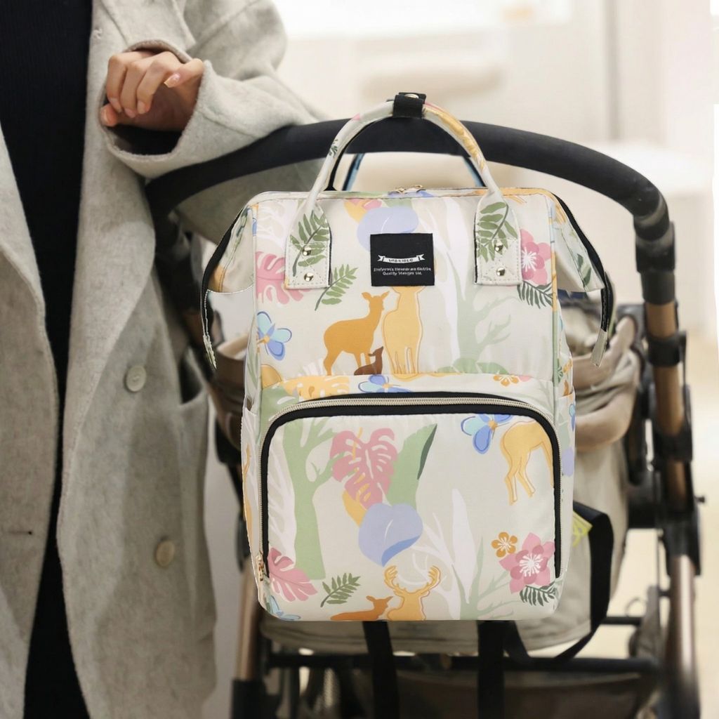 Sac à dos à langer beige crème motif biche accroché à la poignée d'une poussette en extérieur