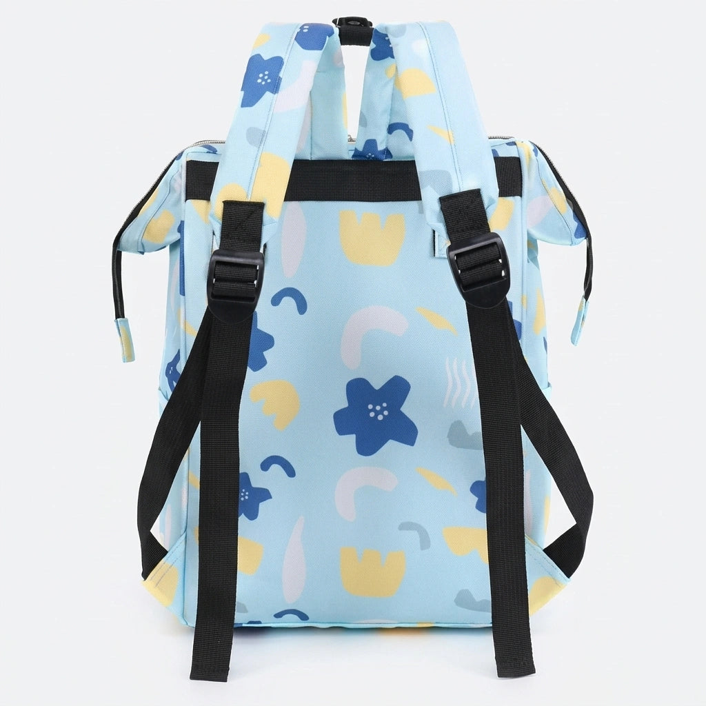 Dos du sac à dos à langer bleu ciel avec bretelles rembourrées noires et attaches poussette à clips