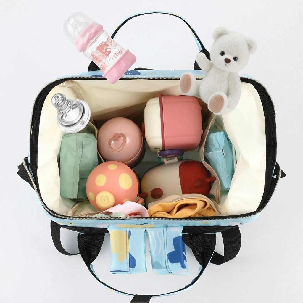 Vue du dessus de l'intérieur du sac à dos à langer bleu clair organisé avec biberons, jouets et doudou ours Image