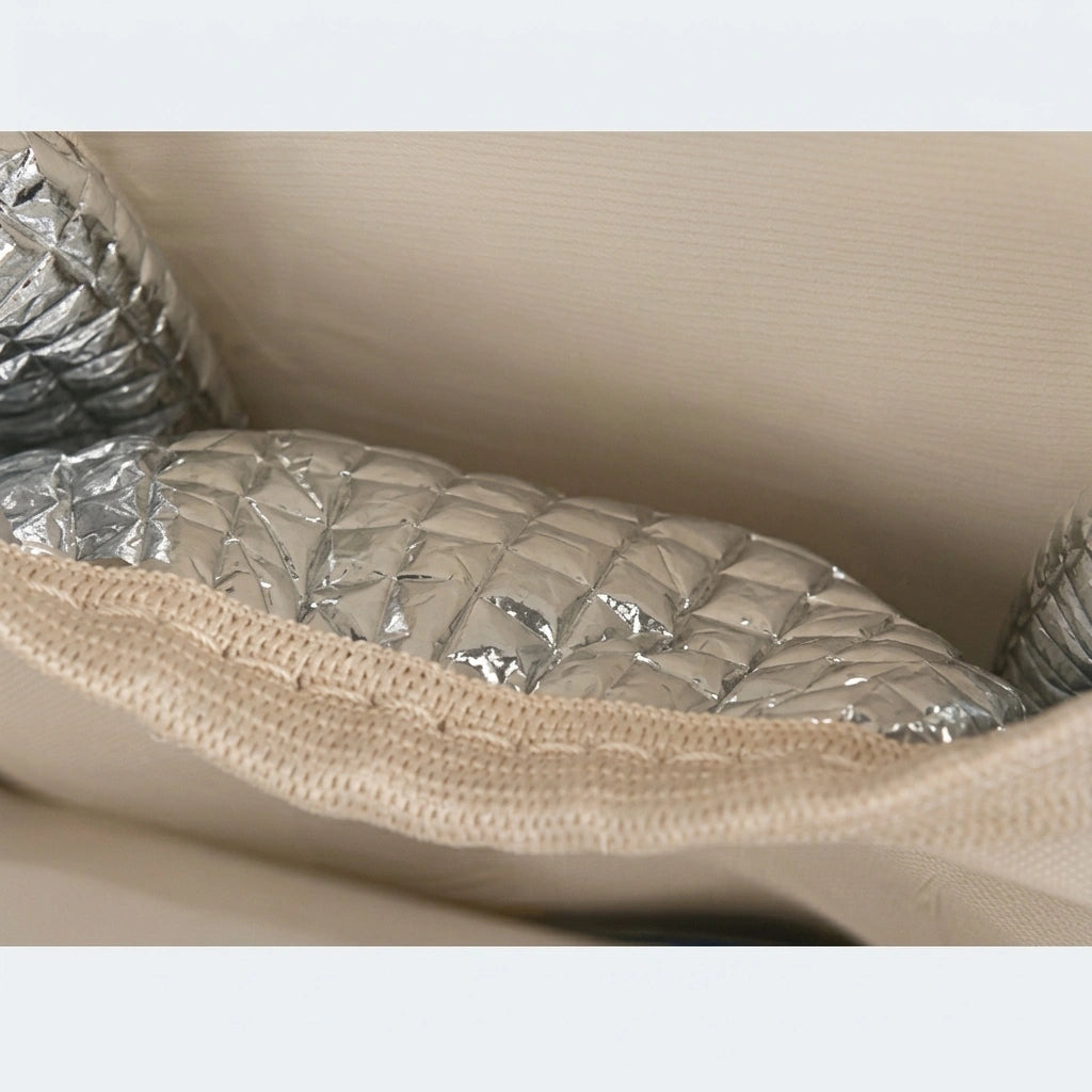 Gros plan de l'isolation aluminium de la poche isotherme intérieure du sac à dos à langer bébé