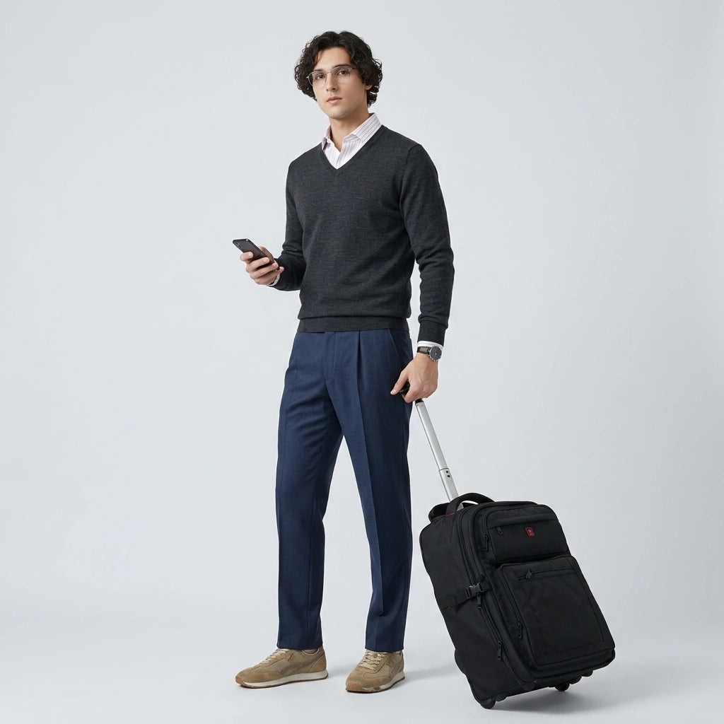 Homme en pull gris tenant un sac de voyage à roulettes noir par sa tige alu, smartphone en main Image