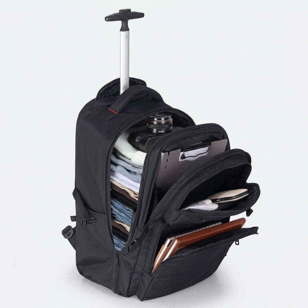 Sac à dos trolley noir ouvert, trois compartiments visibles avec vêtements, laptop et carnets Image