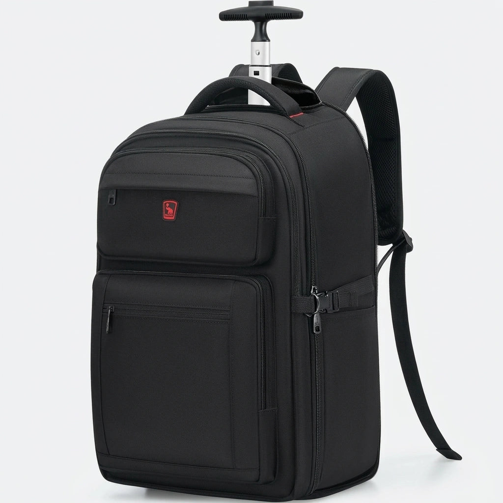 Sac à dos trolley noir 3/4, tige aluminium déployée, bretelles et sangles de compression visibles