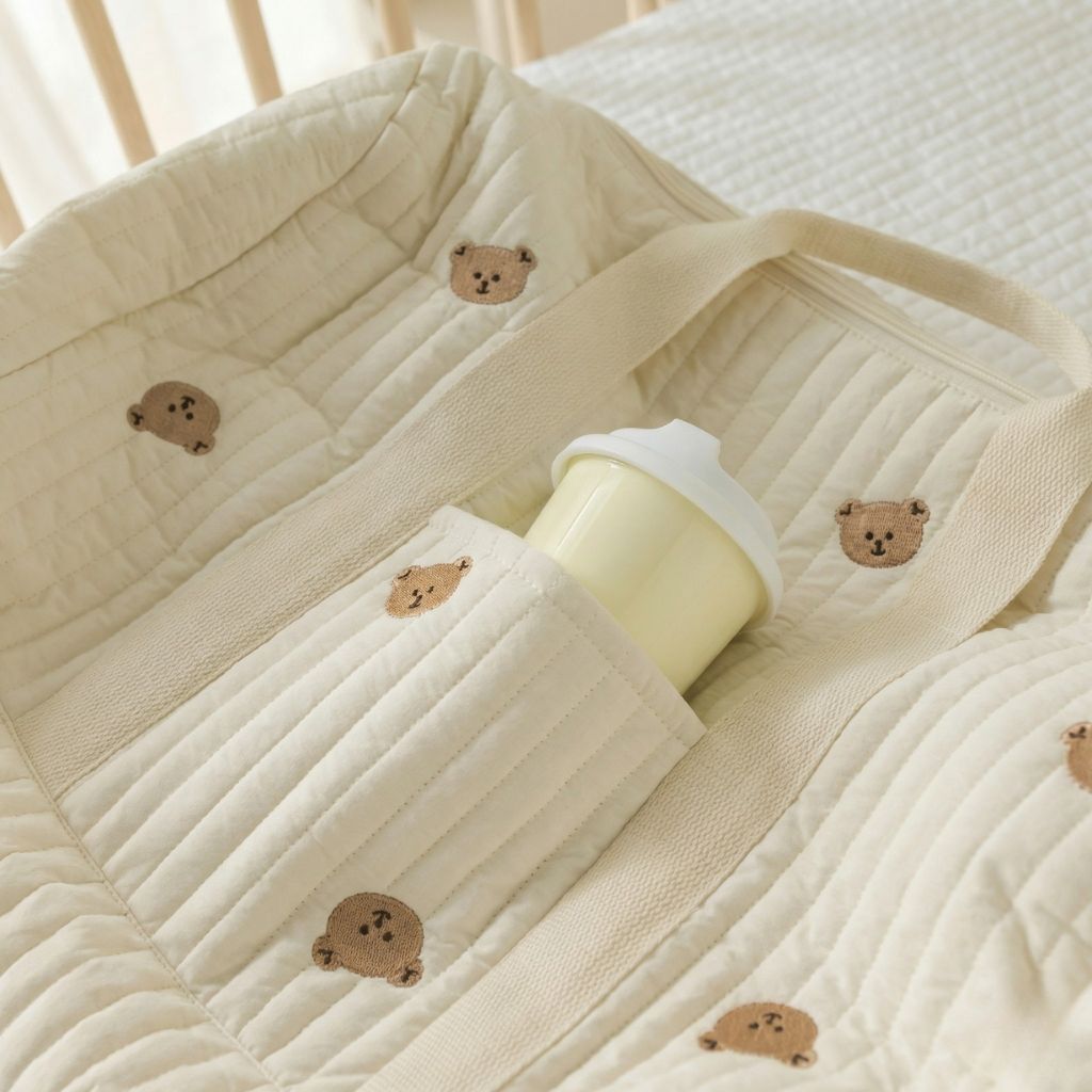 Sac à langer ourson matelassé posé sur un berceau de bébé, poche latérale accueillant un biberon