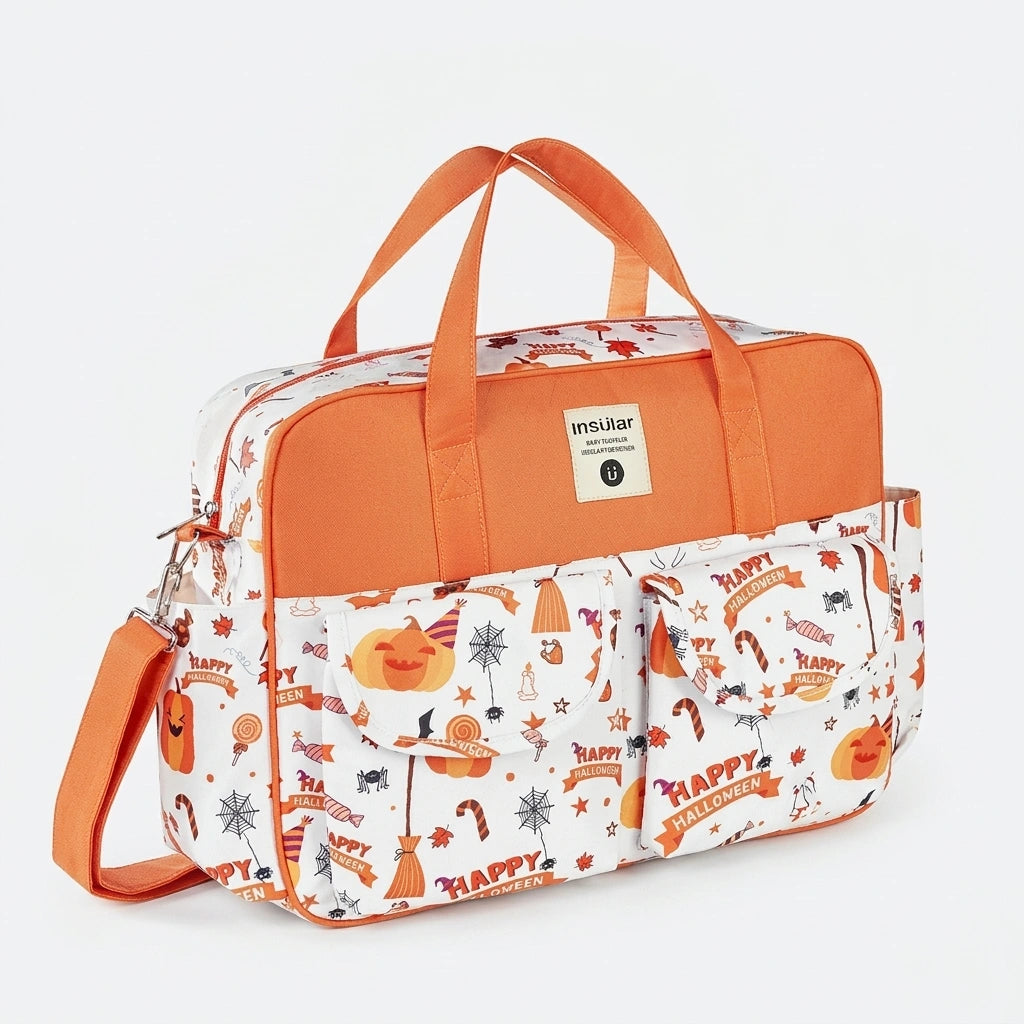 Sac à langer format cabas orange motif Halloween citrouilles et sorcières, vue trois-quarts