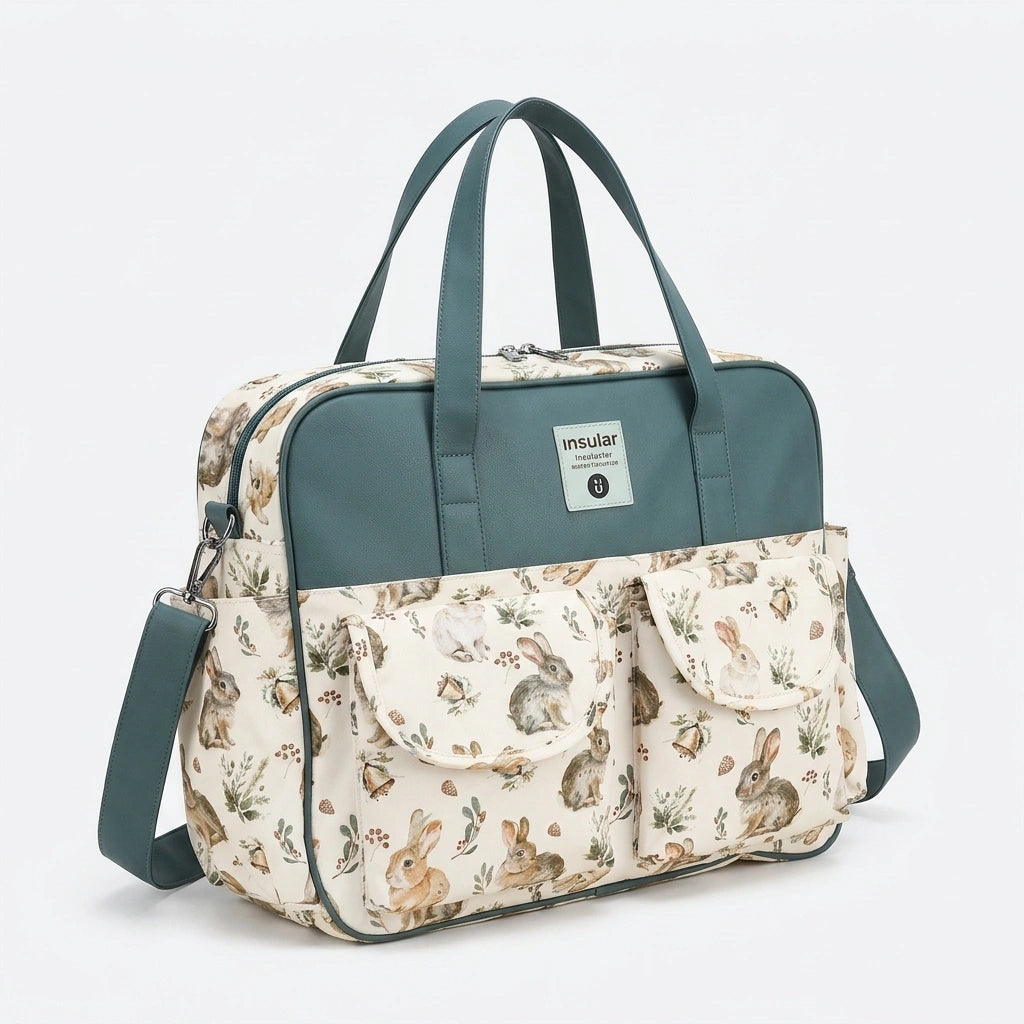 Sac à langer format cabas crème et vert pétrole motif lapins aquarelle, vue trois-quarts avec bandoulière