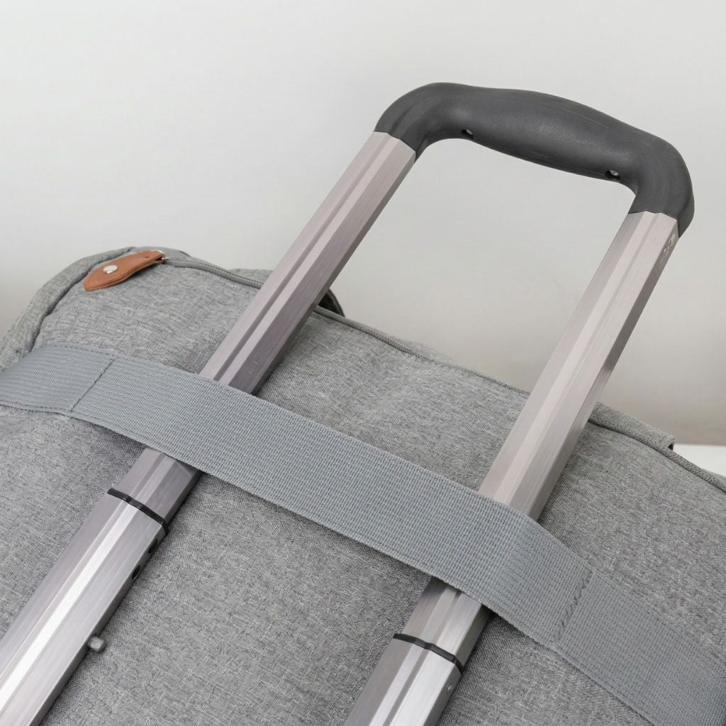 Gros plan du passant trolley du sac gris chiné permettant de le fixer sur une valise cabine