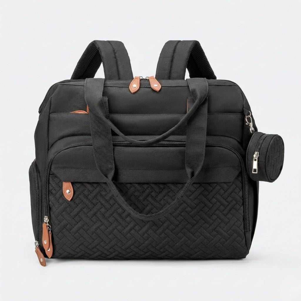 Sac multifonctions noir en mode tote bag : motif tressé en base, pochette ronde latérale et détails cuir