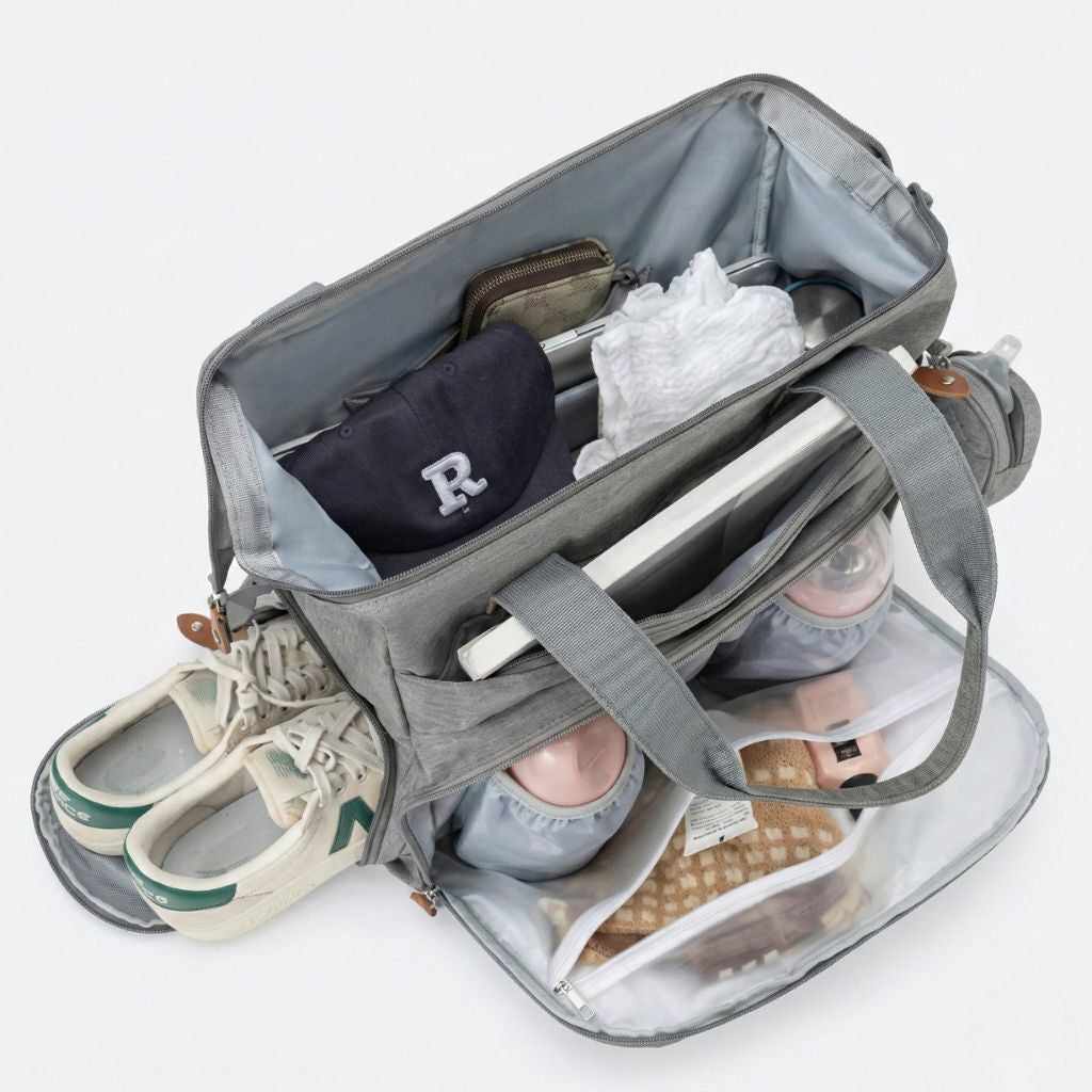 Vue du dessus d'un sac à langer gris chiné ouvert montrant les rangements et deux pochettes à chaussures Image