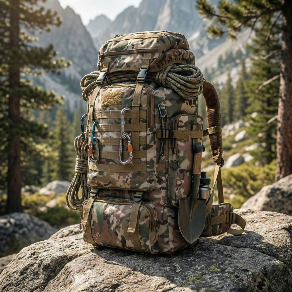 Grand sac à dos tactique camouflage posé sur un rocher en forêt de montagne, corde et pelle attachées Image