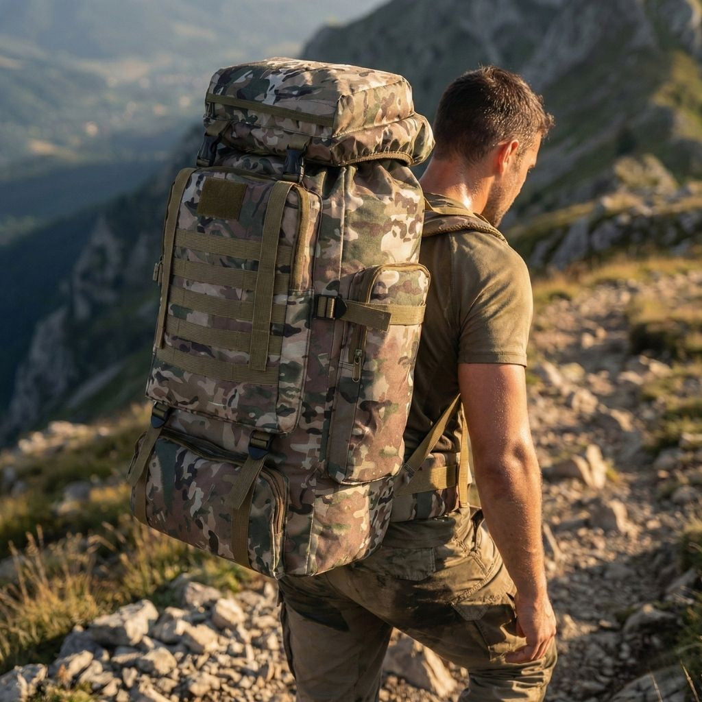 Homme de profil portant un très grand sac à dos tactique en tissu camouflage militaire en montagne Image