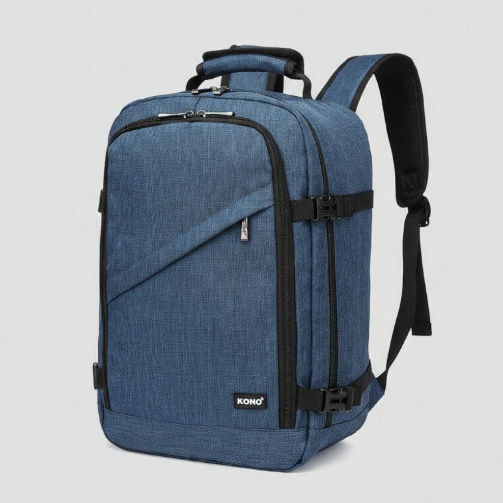 Sac à dos cabine bleu marine vu de trois quarts avec poche frontale diagonale zippée et straps noirs
