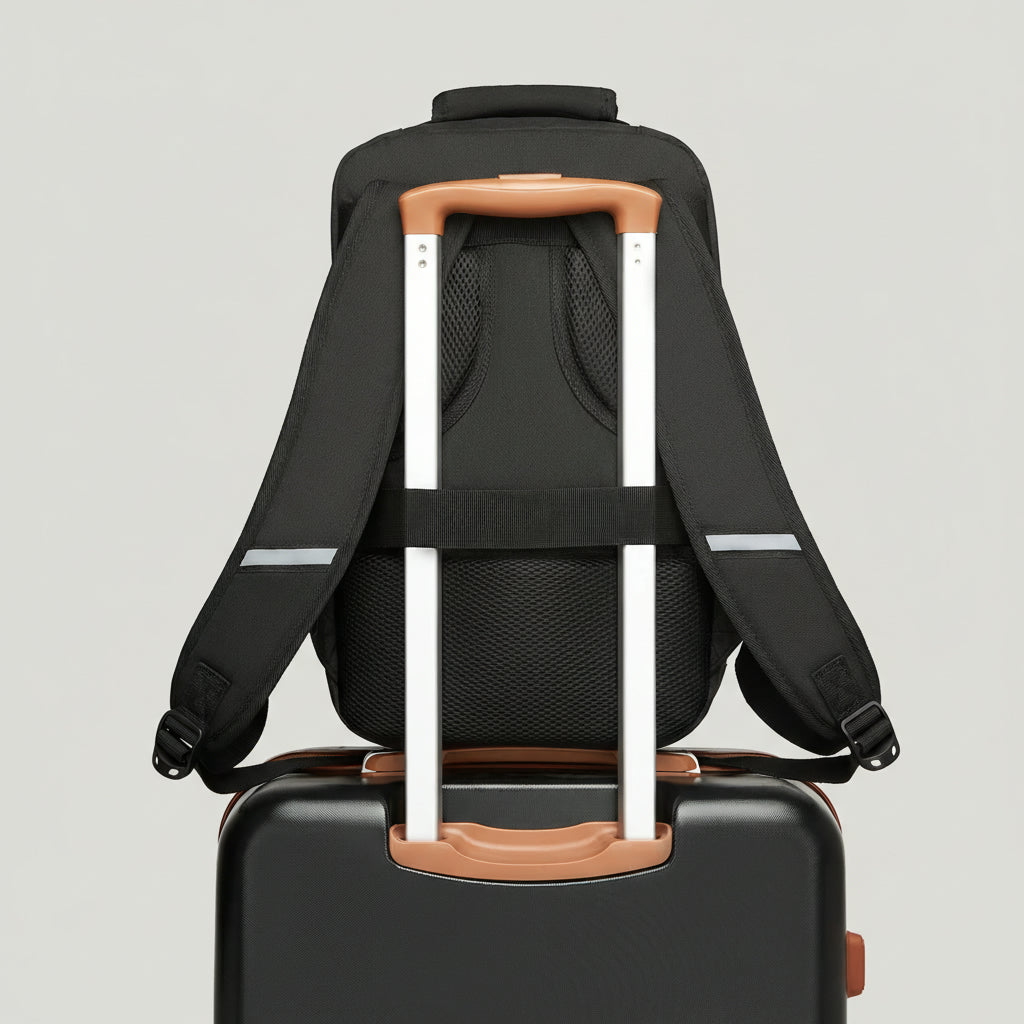 Vue de dos d'un sac à dos cabine noir fixé sur la poignée télescopique d'une valise via la sangle trolley Image