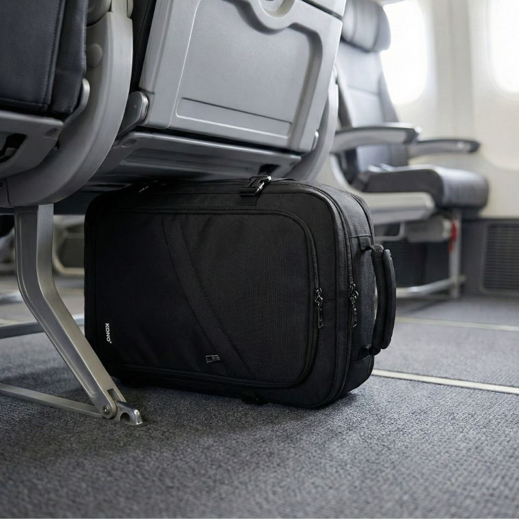 Sac à dos cabine noir posé sous le siège avant en cabine d'avion, illustrant ses dimensions compactes 40x20x25 cm Image