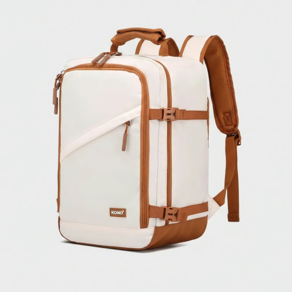 Sac à dos cabine blanc crème avec accents caramel, poche diagonale zippée et bretelles bicolores