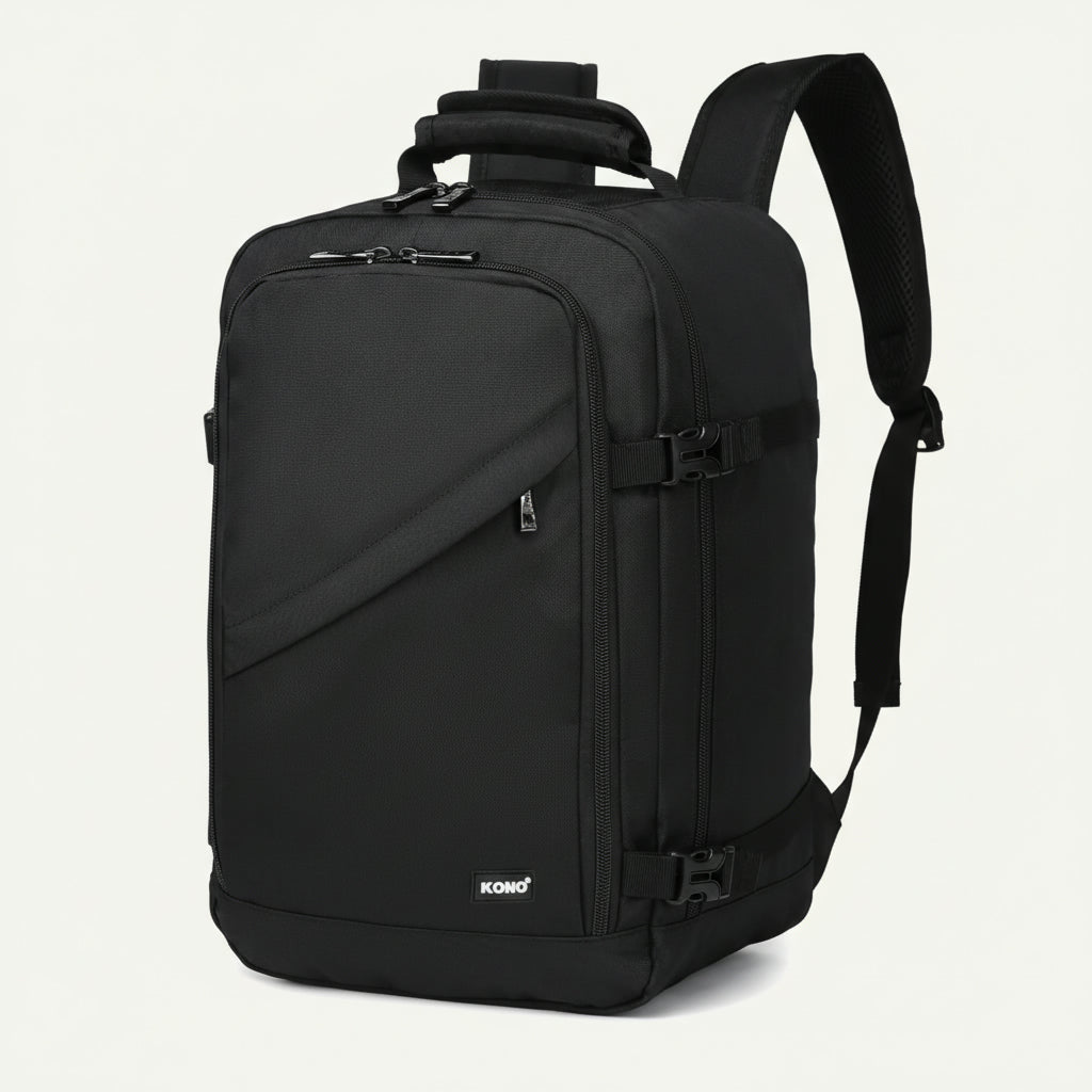 Sac à dos cabine noir vu de trois quarts avec poche frontale diagonale zippée et double zip en haut