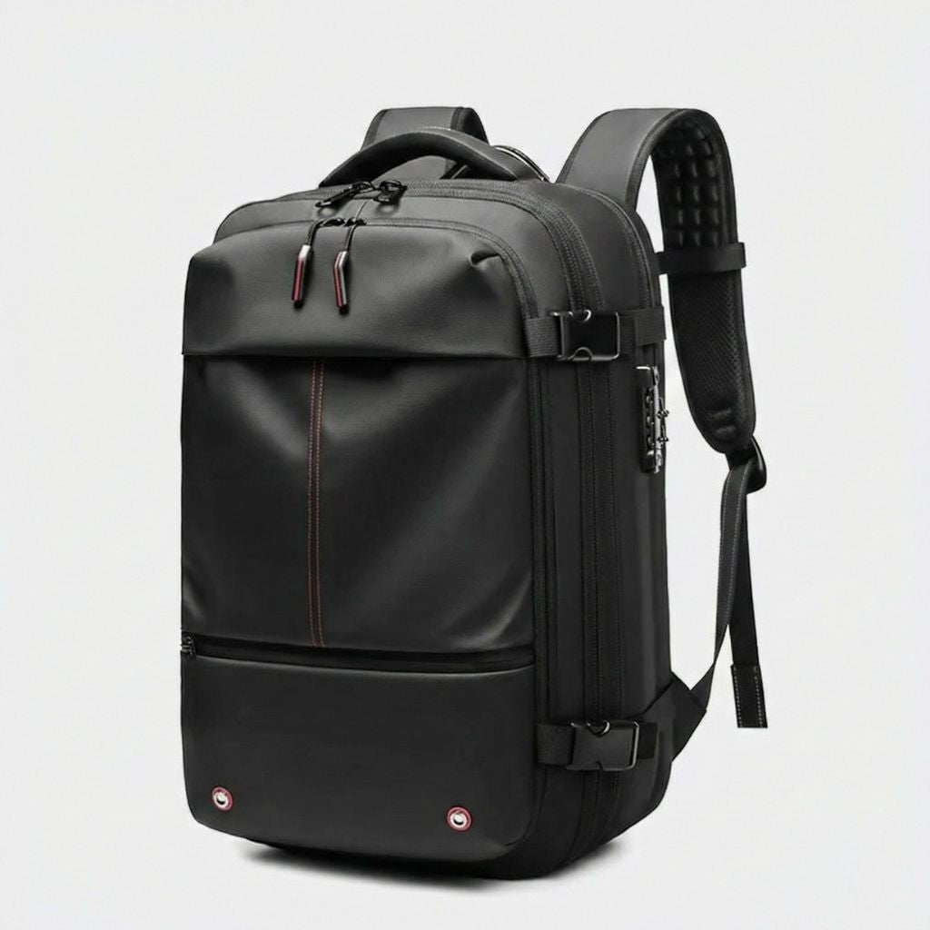 Sac à dos cabine noir avec double zip rouge, liseré rouge, verrou TSA sur le côté et dosseret alvéolé