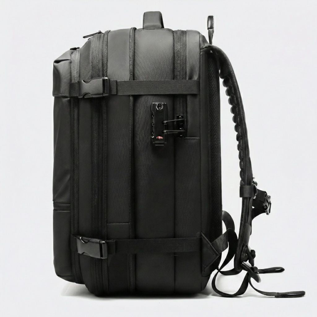 Autre vue latérale du sac à dos cabine noir avec verrou TSA visible et sangles de compression réglables