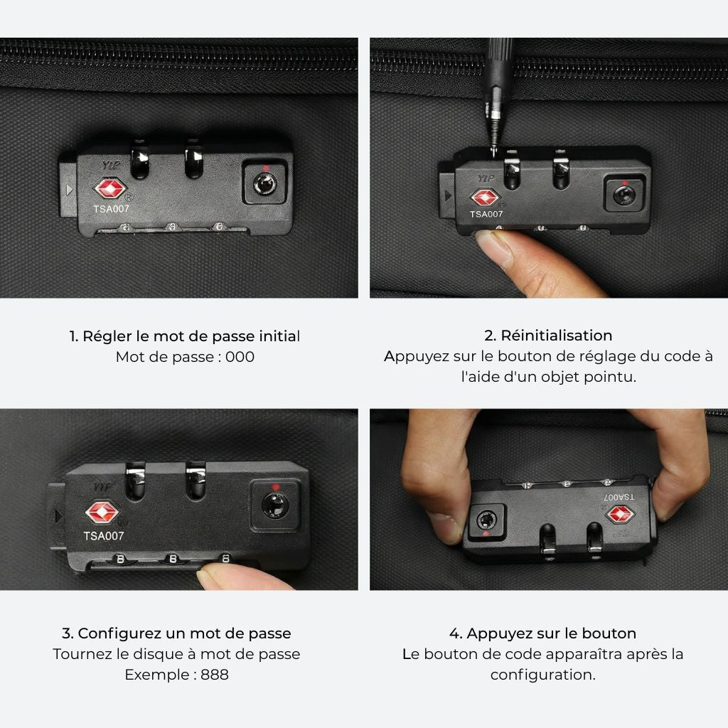 Notice explicative en 4 étapes pour paramétrer le verrou TSA à combinaison du sac à dos cabine