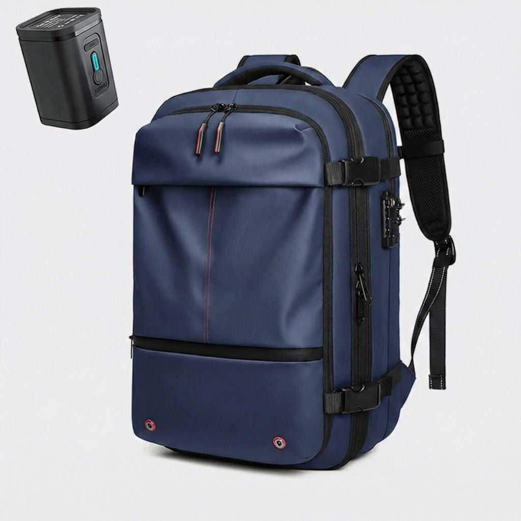 Sac à dos cabine bleu marine de face avec vignette pompe à air pour ajuster le volume de rangement