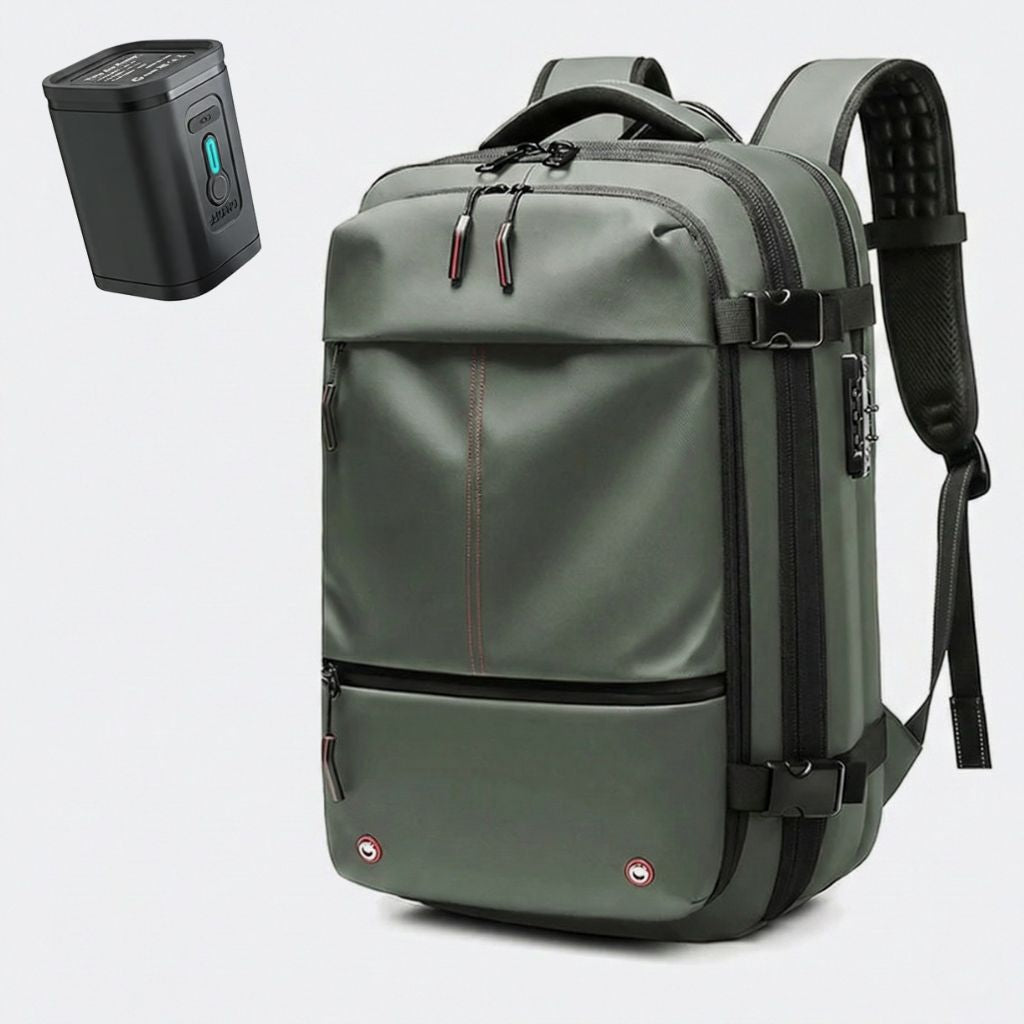 Sac à dos cabine vert kaki de face avec vignette montrant la pompe d'air intégrée pour le volume
