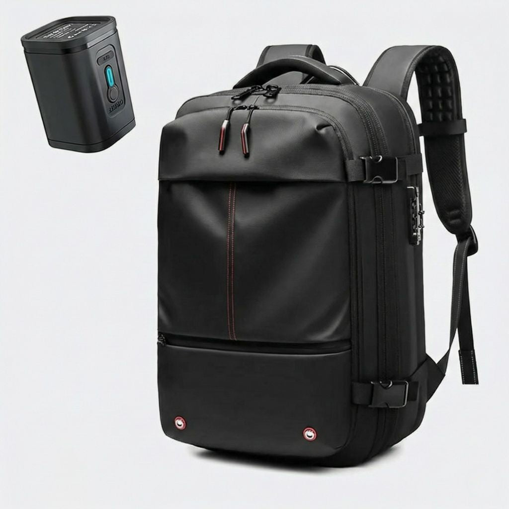 Sac à dos cabine noir de face avec vignette montrant la pompe de compression d'air pour l'expansion