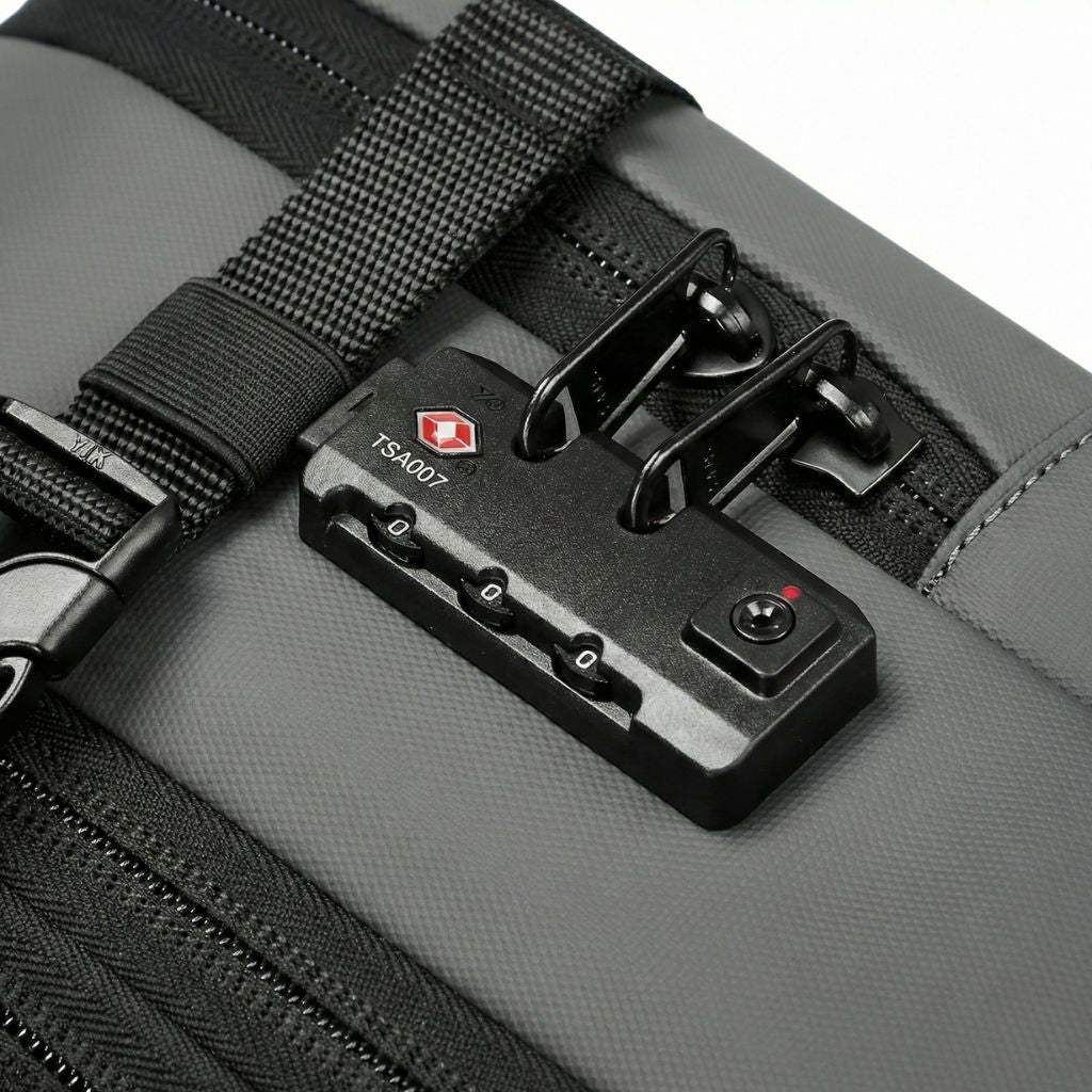 Gros plan de la serrure TSA007 intégrée du sac à dos gris, cadenas à combinaison sur les tirettes zip