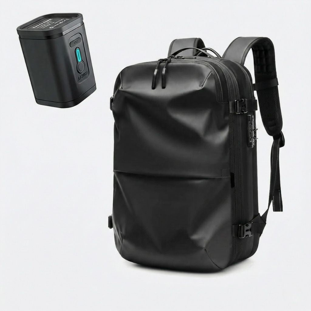 Sac à dos noir de face avec pompe aspiration électrique fournie, coque semi-rigide lisse noire et double zip supérieur