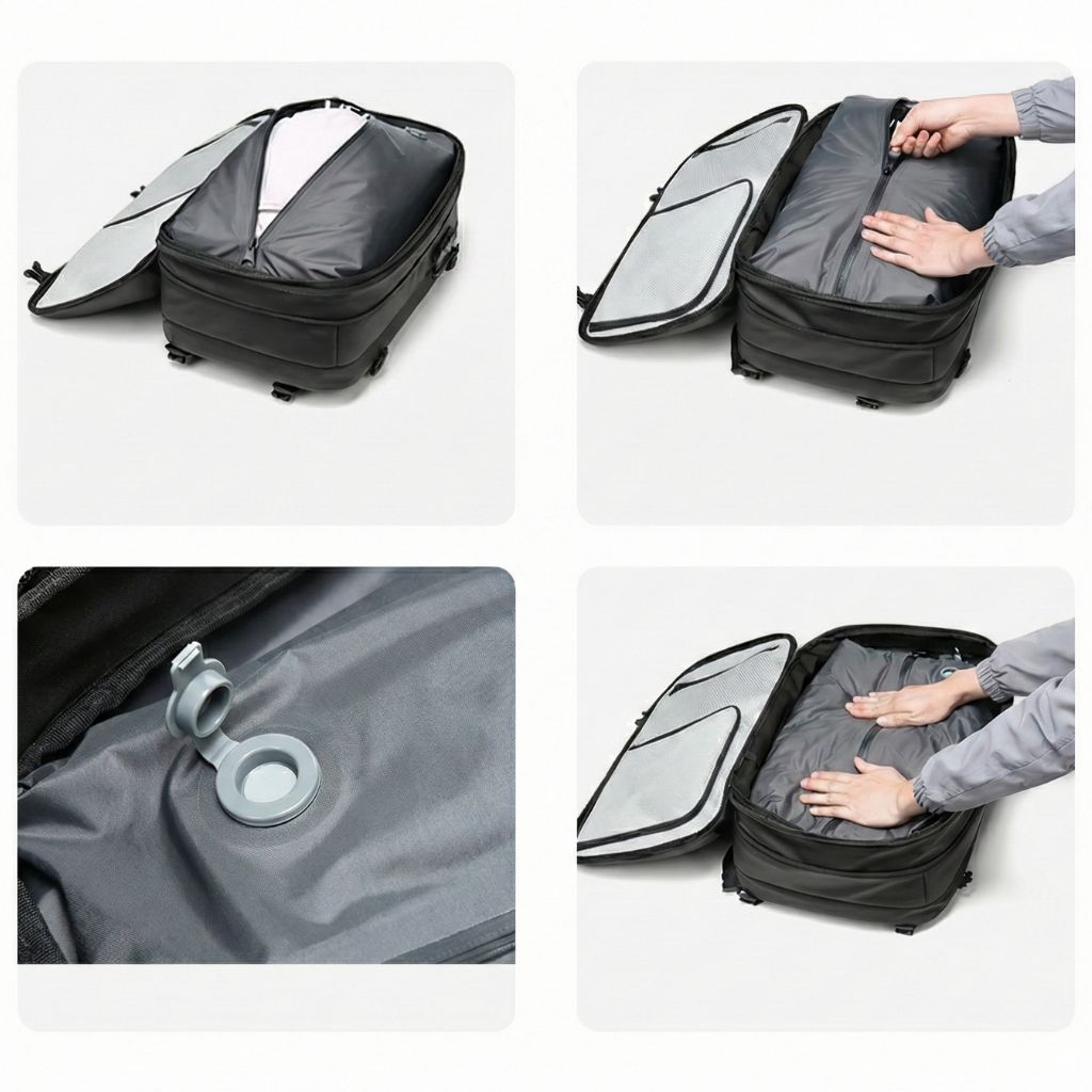 Quatre vues du système d'ouverture et compression intégrée d'un sac à dos cabine noir imperméable Image
