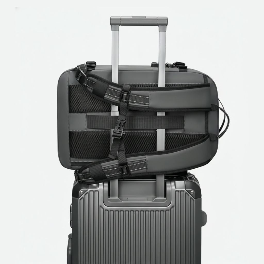 Sac à dos gris posé sur valise aluminium argentée via le passant trolley, bretelles repliées contre le dos