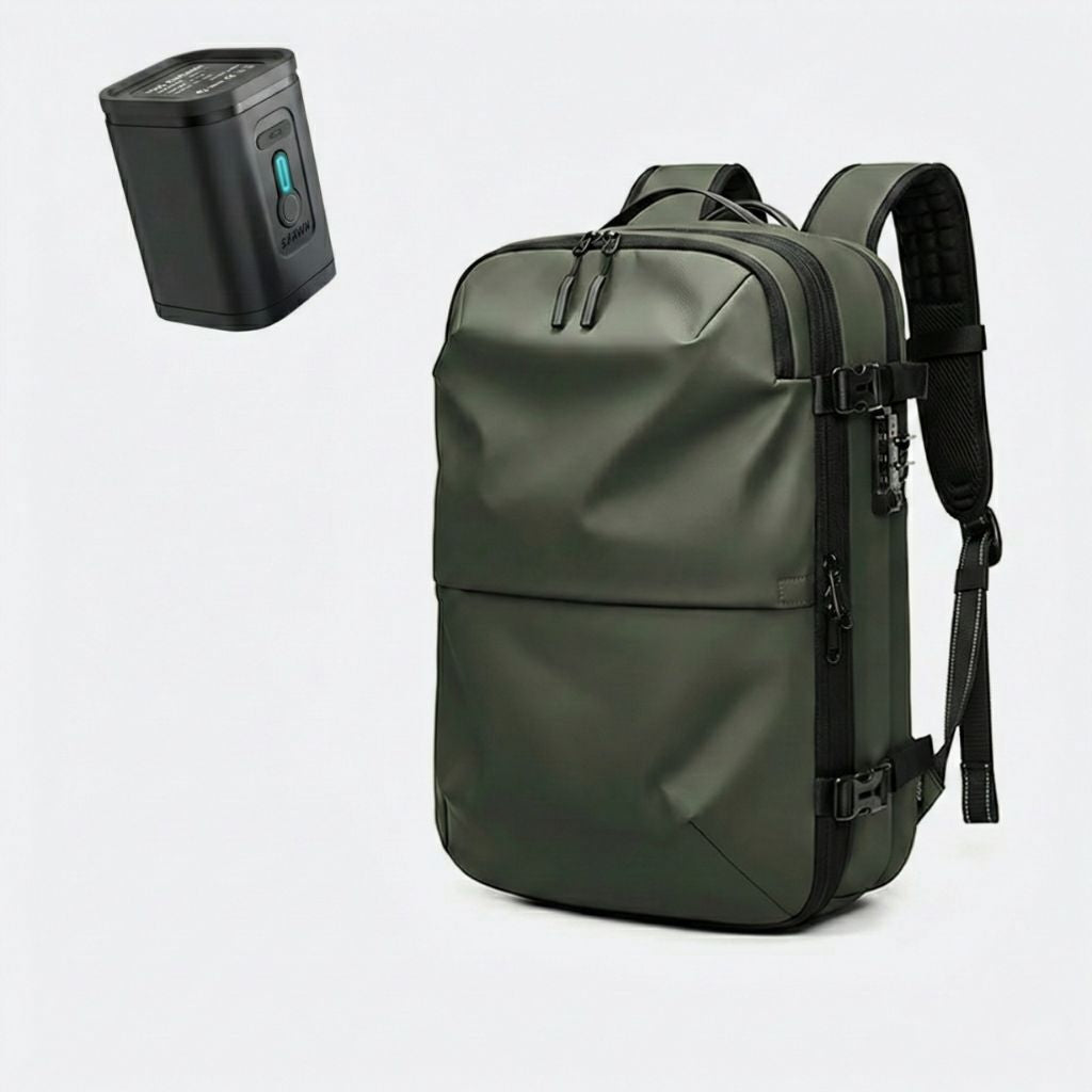 Sac à dos coloris vert kaki de face avec pompe aspiration électrique incluse, coque géométrique mate et serrure intégrée