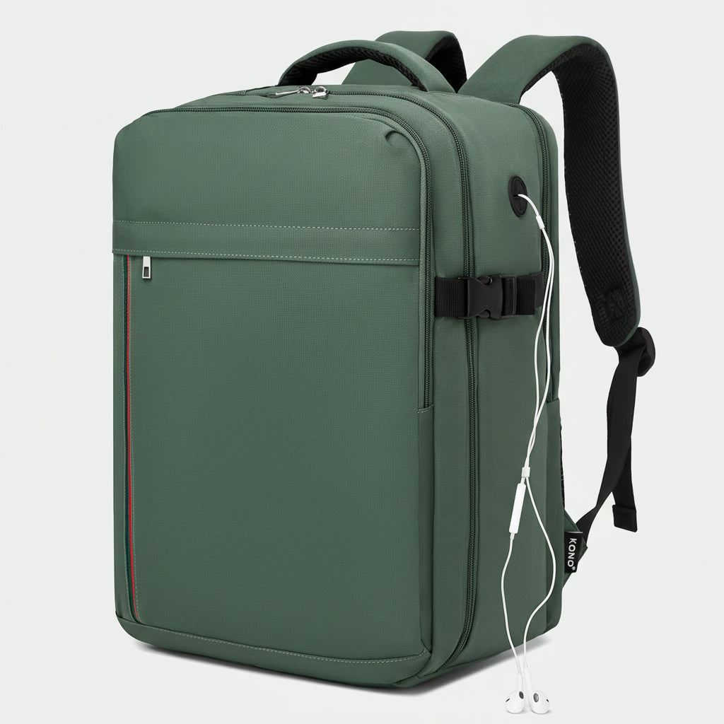 Sac à dos cabine vert sauge avec fil d'écouteurs sortant du port audio USB pour écouter en voyage