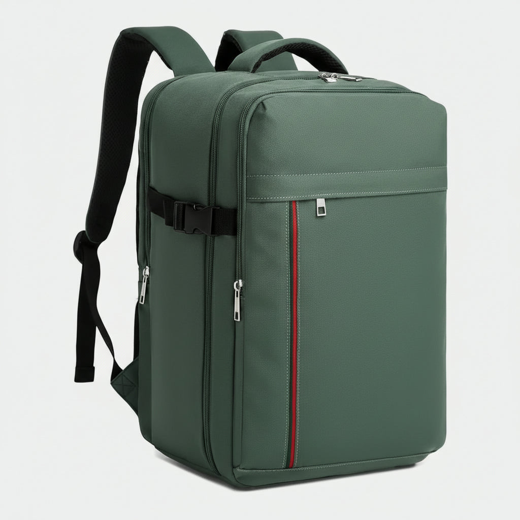 Sac à dos cabine vert sauge avec double zip, liseré rouge sur poche frontale et port USB audio intégré