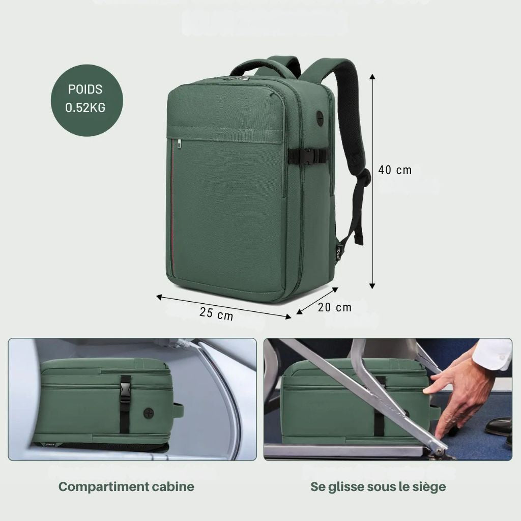 Sac à dos cabine vert 40x20x25 cm illustrant ses dimensions, son poids de 520 g et sa glisse sous le siège avion Image