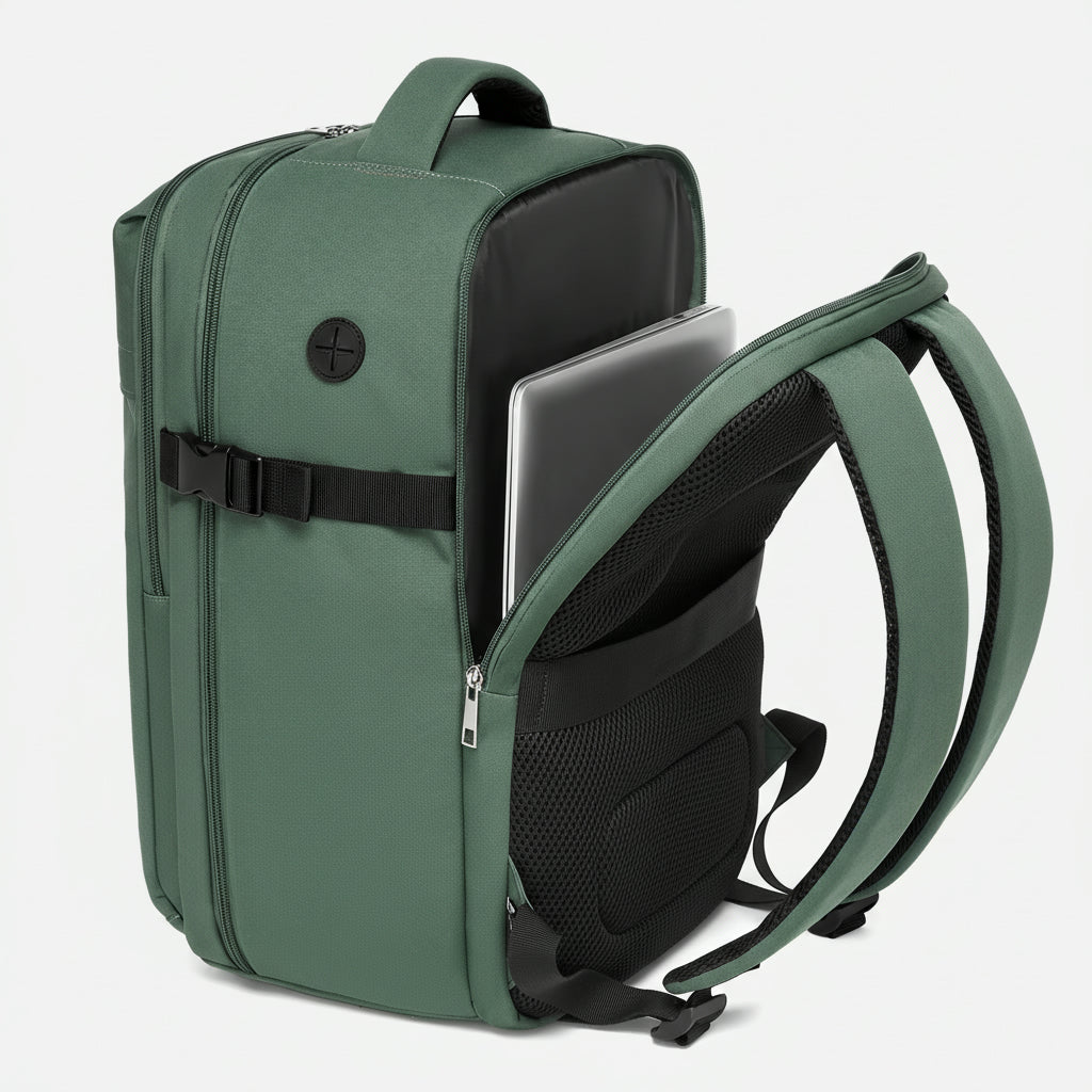 Sac à dos vert sauge ouvert montrant le compartiment laptop et le dosseret rembourré en mesh aéré
