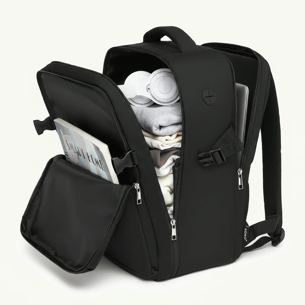 Sac à dos cabine noir ouvert avec vêtements, casque, livre, laptop et pochette détachable à l'intérieur