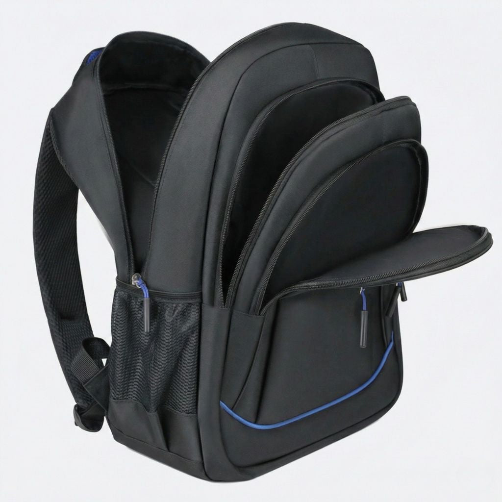 Sac à dos ouvert vue arrière révélant trois compartiments étagés, bretelles maillées et tirette bleue visible