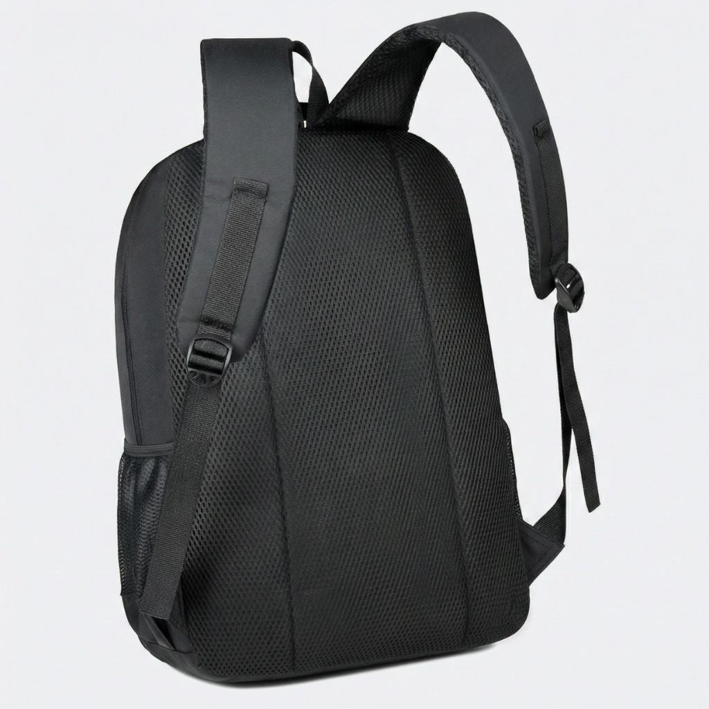 Panneau dorsal du sac à dos noir avec dos maillé respirant à texture losange, bretelles rembourrées ajustables